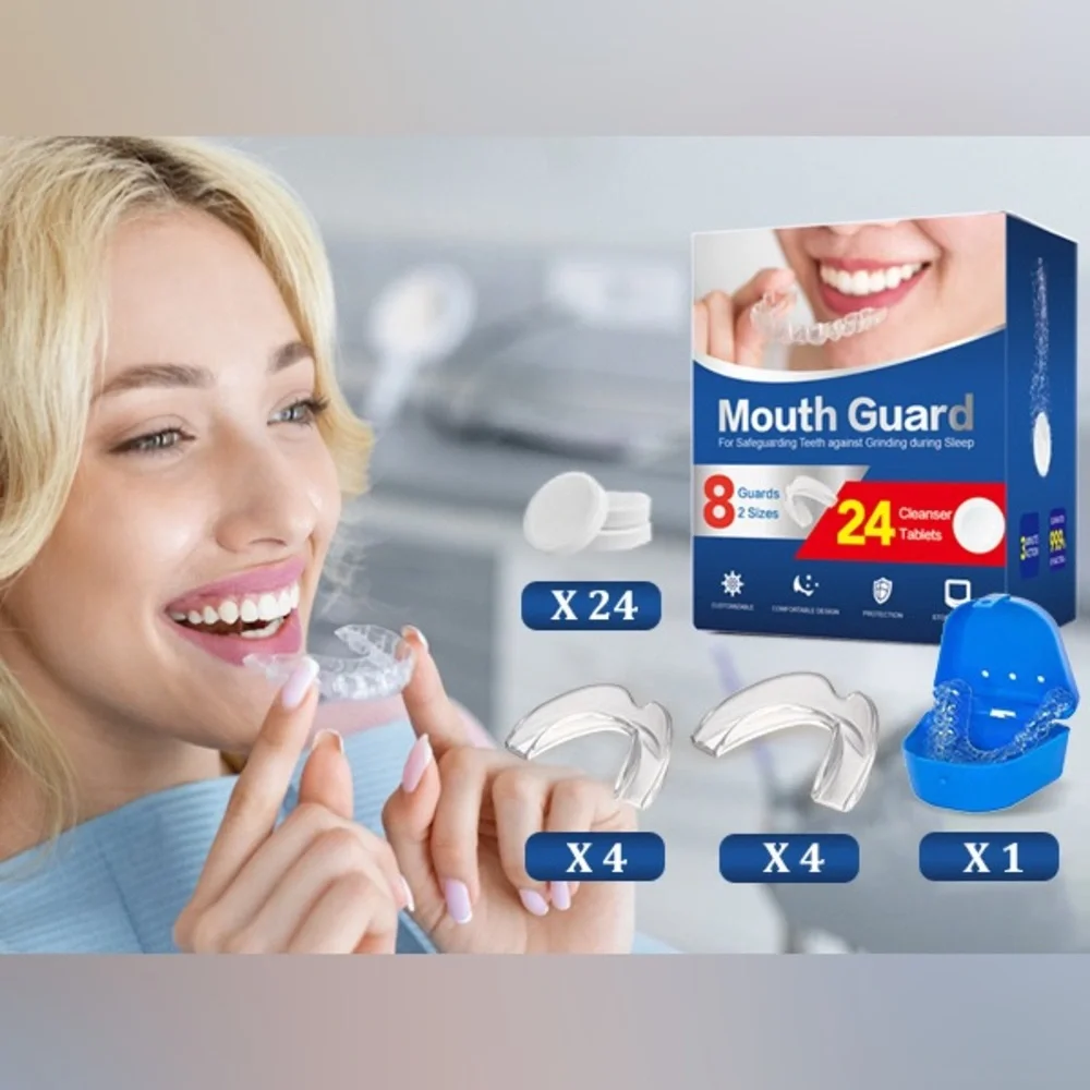 8 Moldable Anti Clenching Teeth Mouthguards for Sleep, 24 Cleaner Table